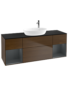 Villeroy und Boch Finion Waschtischunterschrank G982HGGN 160cm, Abdeckplatte black matt, Emotion, Regale Midnight matt lacquer, Walnut veneer