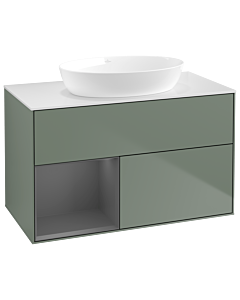 Villeroy und Boch Finion Waschtischunterschrank GA11GKGM 100cm, Abdeckplatte white matt, Emotion, Regale Anthracite matt lacquer, Olive Matt Lacquer
