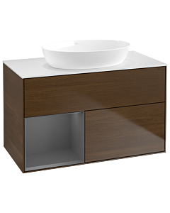 Villeroy und Boch Finion Waschtischunterschrank GA11GKGN 100cm, Abdeckplatte white matt, Emotion, Regale Anthracite matt lacquer, Walnut veneer