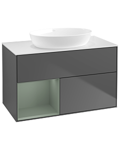 Villeroy und Boch Finion Waschtischunterschrank GA11GMGK 100cm, Abdeckplatte white matt, Emotion, Regale Olive matt lacquer, Anthracite matt