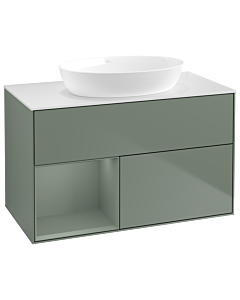 Villeroy und Boch Finion Waschtischunterschrank GA11GMGM 100cm, Abdeckplatte white matt, Emotion, Regale Olive matt lacquer, Olive Matt Lacquer