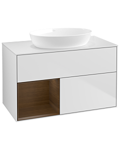 Villeroy und Boch Finion Waschtischunterschrank GA11GNMT 100cm, Abdeckplatte white matt, Emotion, Regale Walnut Veneer, White matt lacquer