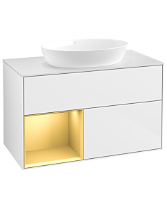 Villeroy und Boch Finion Villeroy und Boch GA11HFGF 100cm, plaque de recouvrement blanc mat, Emotion, étagères laqué or mat, laqué blanc brillant