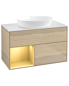 Villeroy und Boch Finion Villeroy und Boch GA11HFPC 100cm, plaque de recouvrement blanc mat, Emotion, étagères laqué mat or, Oak Veneer