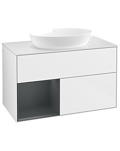 Villeroy und Boch Finion Waschtischunterschrank GA11HGGF 100cm, Abdeckplatte white matt, Emotion, Regale Midnight matt lacquer, Glossy white lacquer