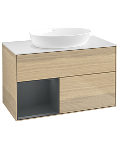 Villeroy und Boch Finion Villeroy und Boch GA11HGPC 100cm, plaque de recouvrement blanc mat, Emotion, étagères laqué mat Midnight, Oak Veneer