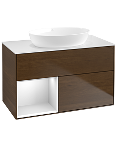 Villeroy und Boch Finion Waschtischunterschrank GA11MTGN 100cm, Abdeckplatte white matt, Emotion, Regale White matt lacquer, Walnut veneer