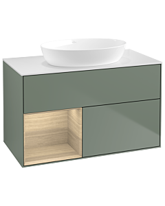 Villeroy und Boch Finion Waschtischunterschrank GA11PCGM 100cm, Abdeckplatte white matt, Emotion, Regale Oak Veneer, Olive Matt Lacquer