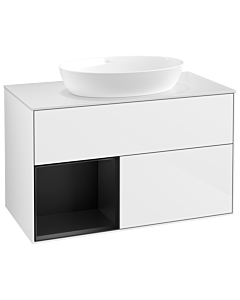 Villeroy und Boch Finion Villeroy und Boch GA11PDGF 100cm, plaque de recouvrement blanc mat, Emotion, étagères laqué noir mat, laqué blanc brillant