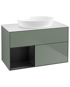 Villeroy und Boch Finion Villeroy und Boch GA11PDGM 100cm, plaque de recouvrement blanc mat, Emotion, étagères laqué noir mat, Olive Matt Lacquer