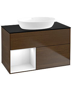 Villeroy und Boch Finion Waschtischunterschrank GA12GFGN 100cm, Abdeckplatte black matt, Emotion, Regale Glossy white lacquer, Walnut veneer