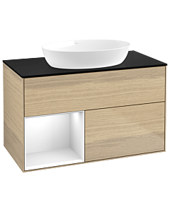 Villeroy und Boch Finion Waschtischunterschrank GA12GFPC 100cm, Abdeckplatte black matt, Emotion, Regale Glossy white lacquer, Oak Veneer