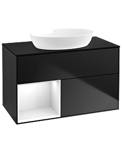 Villeroy und Boch Finion Waschtischunterschrank GA12GFPD 100cm, Abdeckplatte black matt, Emotion, Regale Glossy white lacquer, Black matt lacquer