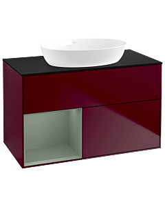 Villeroy und Boch Finion Waschtischunterschrank GA12GMHB 100cm, Abdeckplatte black matt, Emotion, Regale Olive matt lacquer, Peony Matt