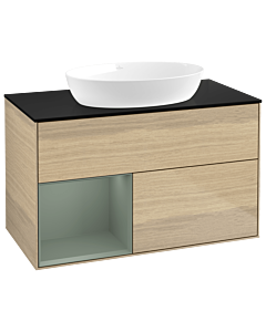 Villeroy und Boch Finion Waschtischunterschrank GA12GMPC 100cm, Abdeckplatte black matt, Emotion, Regale Olive matt lacquer, Oak Veneer