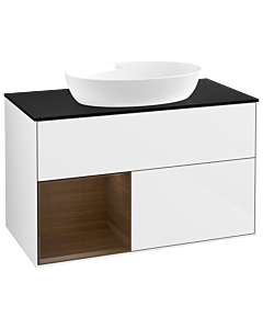 Villeroy und Boch Finion GA12GNGF 100cm, plaque de recouvrement noir mat, Emotion, étagères Walnut Veneer , laqué blanc brillant