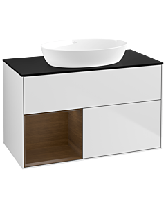 Villeroy und Boch Finion Villeroy und Boch GA12GNMT 100cm, plaque de recouvrement noir mat, Emotion, étagères Walnut Veneer , laqué blanc mat