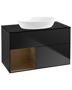 Villeroy und Boch Finion GA12GNPD 100cm, plaque de recouvrement noir mat, Emotion, étagères Walnut Veneer , laqué noir mat