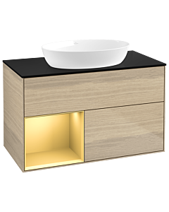 Villeroy und Boch Finion Waschtischunterschrank GA12HFPC 100cm, Abdeckplatte black matt, Emotion, Regale Gold matt lacquer, Oak Veneer