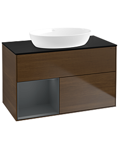 Villeroy und Boch Finion Waschtischunterschrank GA12HGGN 100cm, Abdeckplatte black matt, Emotion, Regale Midnight matt lacquer, Walnut veneer