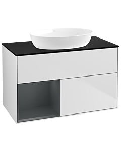 Villeroy und Boch Finion Villeroy und Boch GA12HGMT 100cm, plaque de recouvrement noir mat, Emotion, étagères laqué mat Midnight, laqué blanc mat