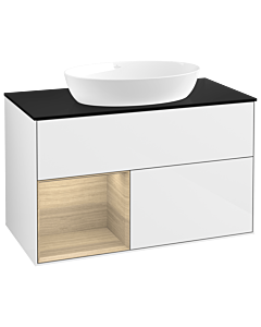 Villeroy und Boch Finion Waschtischunterschrank GA12PCGF 100cm, Abdeckplatte black matt, Emotion, Regale Oak Veneer, Glossy white lacquer