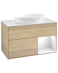 Villeroy und Boch Finion Waschtischunterschrank GA21GFPC 100cm, Abdeckplatte white matt, Emotion, Regale Glossy white lacquer, Oak Veneer