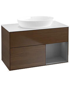 Villeroy und Boch Finion Waschtischunterschrank GA21GKGN 100cm, Abdeckplatte white matt, Emotion, Regale Anthracite matt lacquer, Walnut veneer