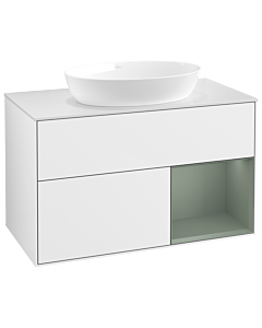 Villeroy und Boch Finion Waschtischunterschrank GA21GMGF 100cm, Abdeckplatte white matt, Emotion, Regale Olive matt lacquer, Glossy white lacquer