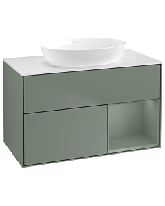 Villeroy und Boch Finion Villeroy und Boch GA21GMGM 100cm, plaque de recouvrement blanc mat, Emotion, étagères laqué olive mat, Olive Matt Lacquer