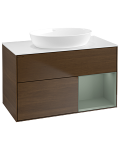 Villeroy und Boch Finion Waschtischunterschrank GA21GMGN 100cm, Abdeckplatte white matt, Emotion, Regale Olive matt lacquer, Walnut veneer
