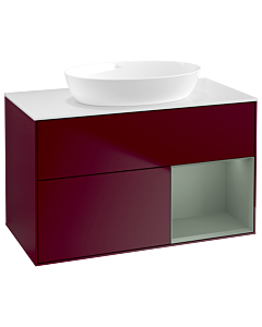 Villeroy und Boch Finion Waschtischunterschrank GA21GMHB 100cm, Abdeckplatte white matt, Emotion, Regale Olive matt lacquer, Peony Matt