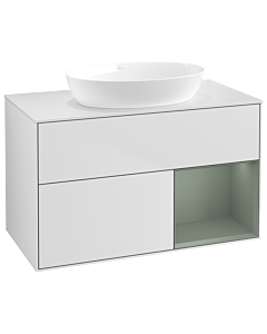 Villeroy und Boch Finion Waschtischunterschrank GA21GMMT 100cm, Abdeckplatte white matt, Emotion, Regale Olive matt lacquer, White matt lacquer