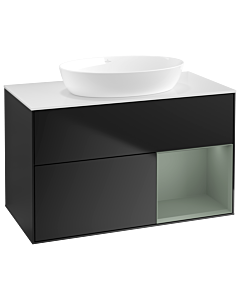Villeroy und Boch Finion Waschtischunterschrank GA21GMPD 100cm, Abdeckplatte white matt, Emotion, Regale Olive matt lacquer, Black matt lacquer