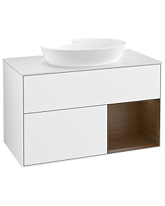 Villeroy und Boch Finion Waschtischunterschrank GA21GNGF 100cm, Abdeckplatte white matt, Emotion, Regale Walnut Veneer, Glossy white lacquer
