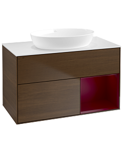 Villeroy und Boch Finion Waschtischunterschrank GA21HBGN 100cm, Abdeckplatte white matt, Emotion, Regale Peony matt lacquer, Walnut veneer
