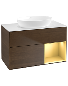 Villeroy und Boch Finion Waschtischunterschrank GA21HFGN 100cm, Abdeckplatte white matt, Emotion, Regale Gold matt lacquer, Walnut veneer
