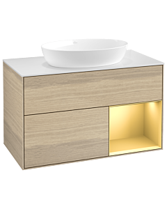 Villeroy und Boch Finion Waschtischunterschrank GA21HFPC 100cm, Abdeckplatte white matt, Emotion, Regale Gold matt lacquer, Oak Veneer