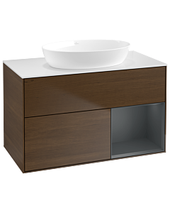 Villeroy und Boch Finion Waschtischunterschrank GA21HGGN 100cm, Abdeckplatte white matt, Emotion, Regale Midnight matt lacquer, Walnut veneer
