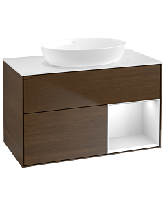 Villeroy und Boch Finion Waschtischunterschrank GA21MTGN 100cm, Abdeckplatte white matt, Emotion, Regale White matt lacquer, Walnut veneer