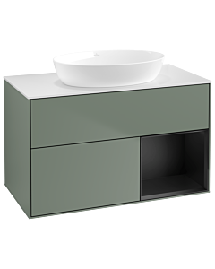 Villeroy und Boch Finion GA21PDGM 100cm, plaque de recouvrement blanc mat, Emotion, étagères laqué noir mat, Olive Matt Lacquer