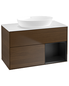Villeroy und Boch Finion Waschtischunterschrank GA21PDGN 100cm, Abdeckplatte white matt, Emotion, Regale Black matt lacquer, Walnut veneer