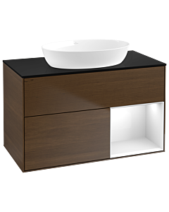 Villeroy und Boch Finion Waschtischunterschrank GA22GFGN 100cm, Abdeckplatte black matt, Emotion, Regale Glossy white lacquer, Walnut veneer