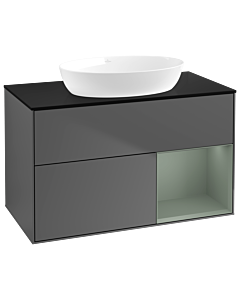 Villeroy und Boch Finion Waschtischunterschrank GA22GMGK 100cm, Abdeckplatte black matt, Emotion, Regale Olive matt lacquer, Anthracite matt