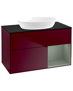 Villeroy und Boch Finion Waschtischunterschrank GA22GMHB 100cm, Abdeckplatte black matt, Emotion, Regale Olive matt lacquer, Peony Matt