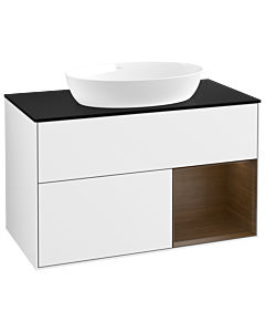 Villeroy und Boch Finion Waschtischunterschrank GA22GNGF 100cm, Abdeckplatte black matt, Emotion, Regale Walnut Veneer, Glossy white lacquer