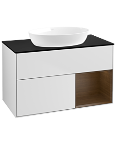 Villeroy und Boch Finion Waschtischunterschrank GA22GNMT 100cm, Abdeckplatte black matt, Emotion, Regale Walnut Veneer, White matt lacquer