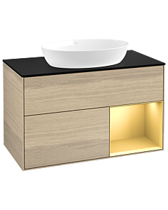 Villeroy und Boch Finion Waschtischunterschrank GA22HFPC 100cm, Abdeckplatte black matt, Emotion, Regale Gold matt lacquer, Oak Veneer