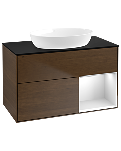 Villeroy und Boch Finion Waschtischunterschrank GA22MTGN 100cm, Abdeckplatte black matt, Emotion, Regale White matt lacquer, Walnut veneer