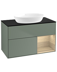 Villeroy und Boch Finion Waschtischunterschrank GA22PCGM 100cm, Abdeckplatte black matt, Emotion, Regale Oak Veneer, Olive Matt Lacquer
